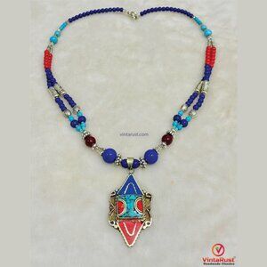 Tibetan Nepalese Pendant Necklace: Boho Tribal Jewelry with Beads & Stones